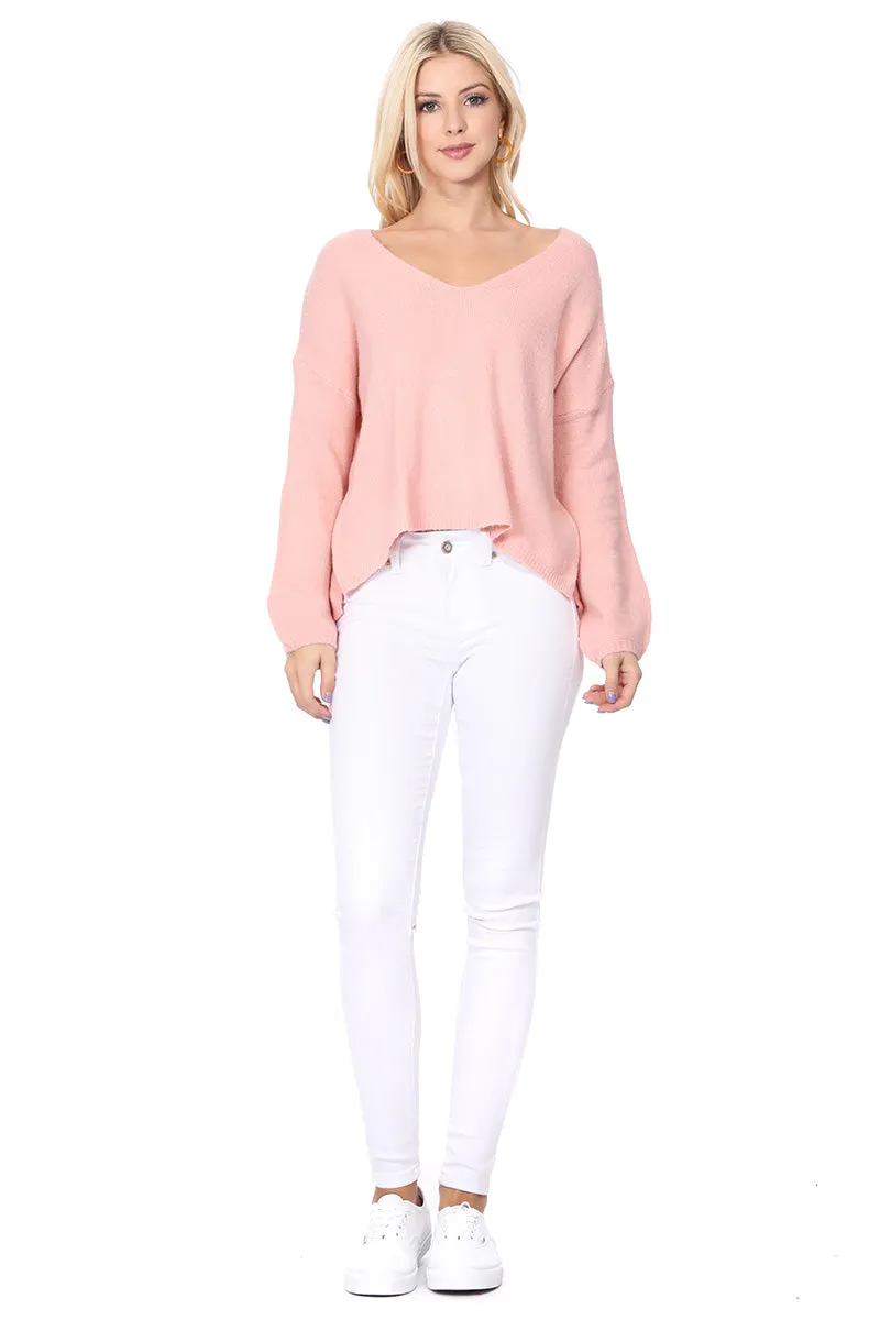 Women's Long Sleeve Wide V-Neck with Side Slit Oversize Pullover Sweater MK8219