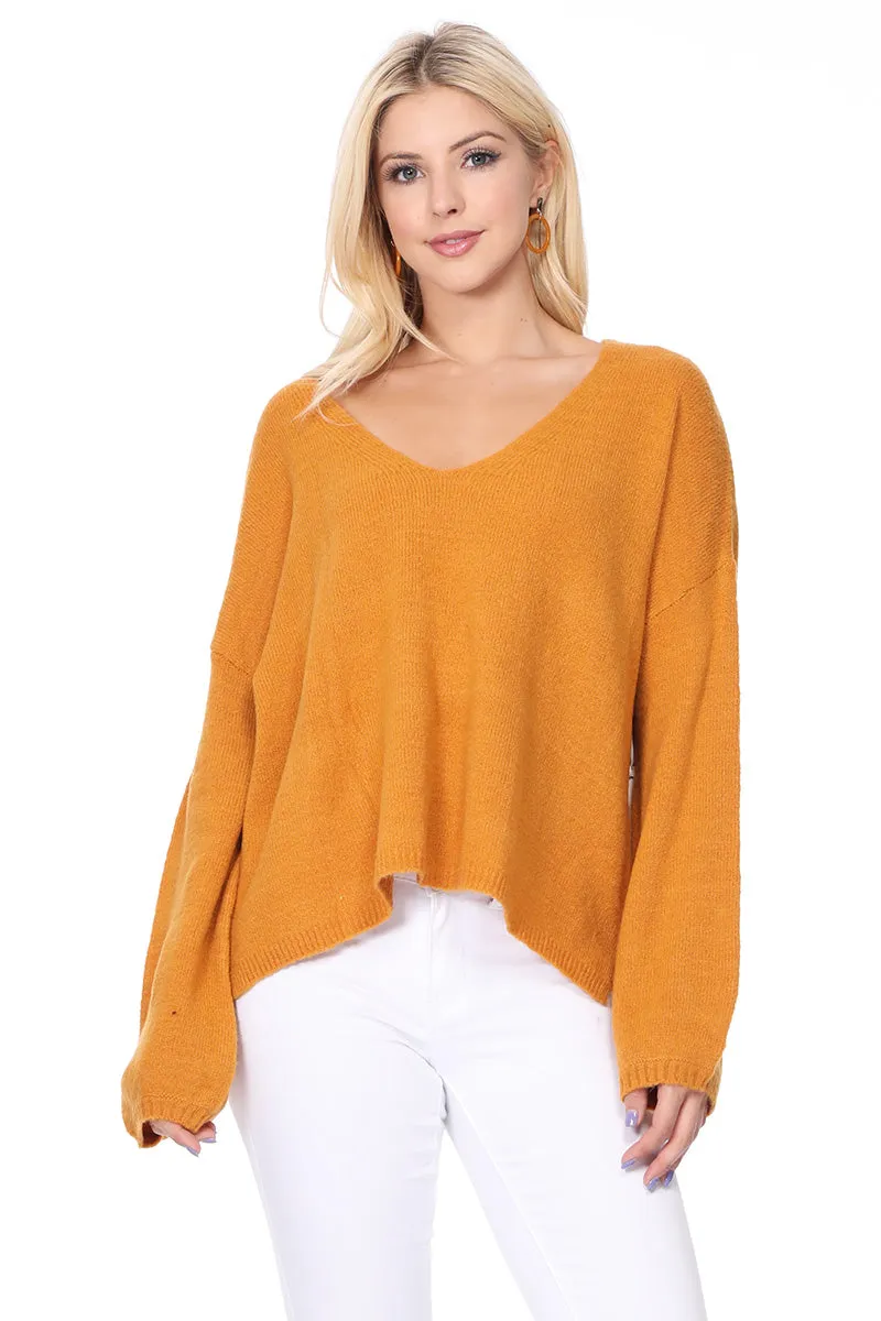 Women's Long Sleeve Wide V-Neck with Side Slit Oversize Pullover Sweater MK8219