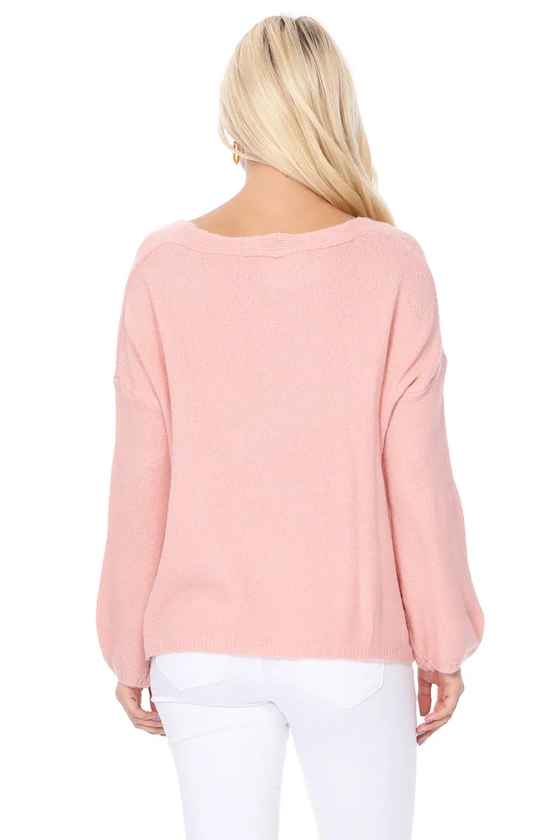 Women's Long Sleeve Wide V-Neck with Side Slit Oversize Pullover Sweater MK8219