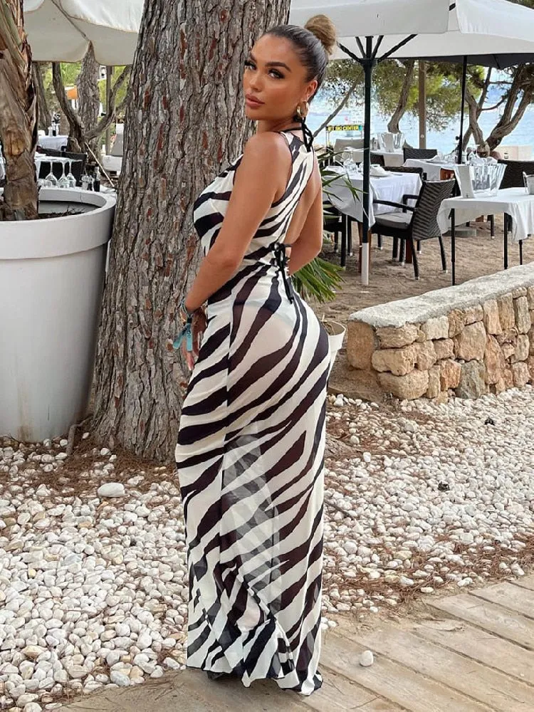 Zebra Print Beach Dress Women Bikini Cover Up Sexy Mesh See Through Dress Summer Fashion Cut Out Bodycon Long Dress